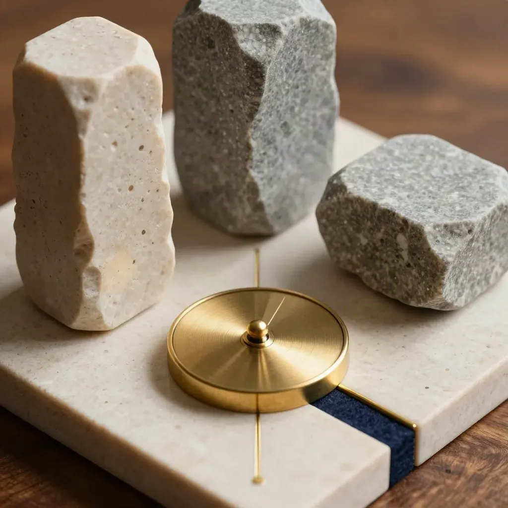 Stone forms with a brass compass on travertine, lit by soft daylight.