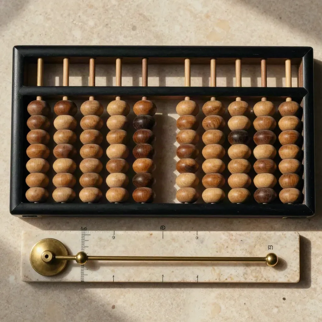 Ebony abacus with brass weight and stone ledger block on pale travertine.
