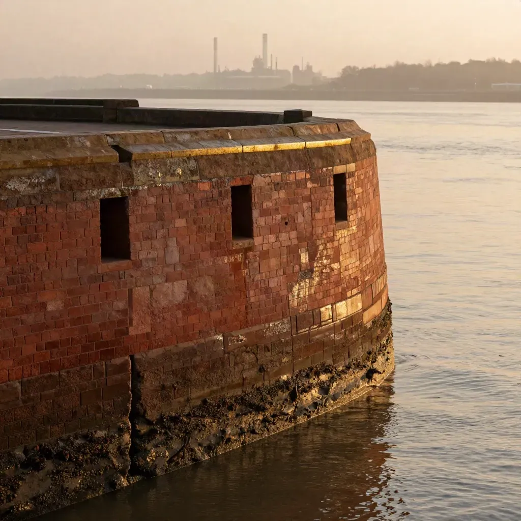 Rain-darkened sandstone and brick waterfront textures with hazy Mersey silhouettes.